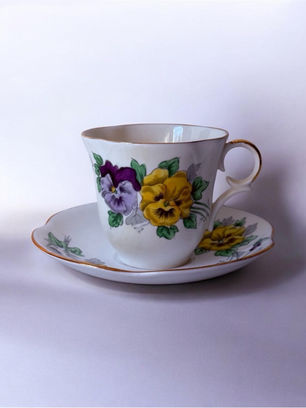 Floral Pansy Teacup and Saucer with Gold Trim